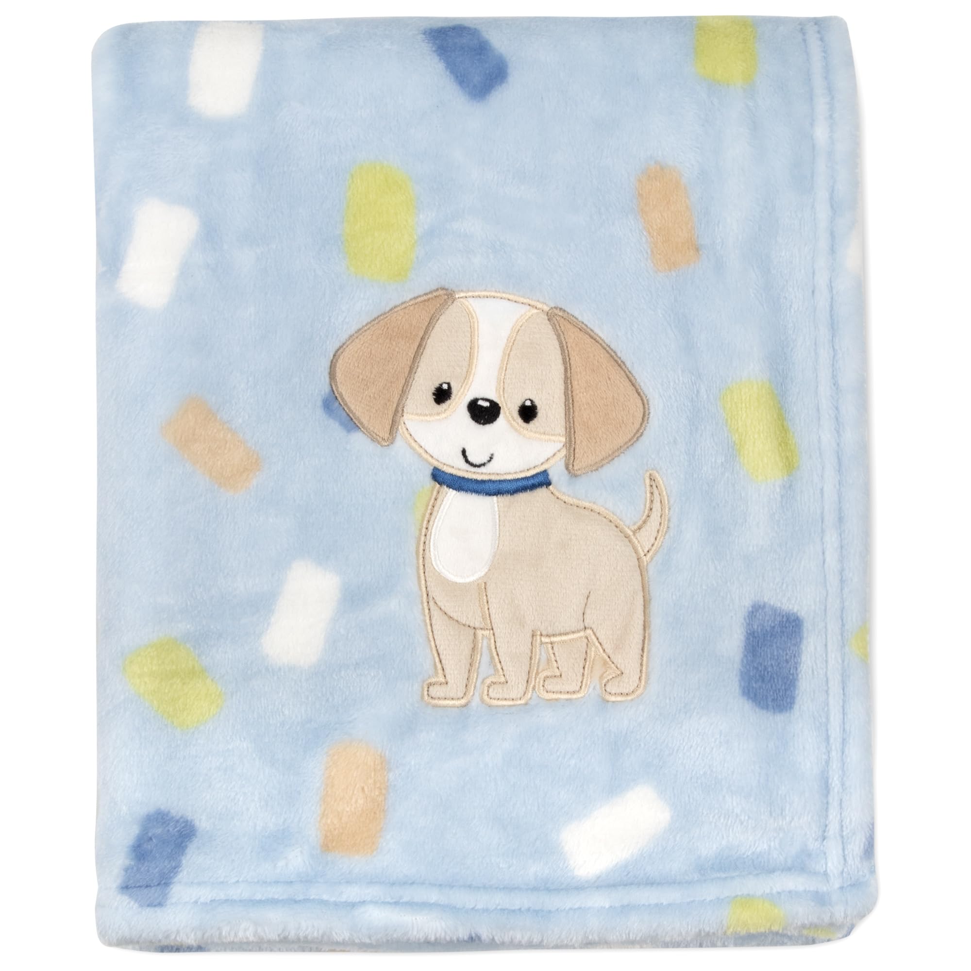 Baby Essentials plush fleece throw with puppy paws embroidery offers cozy comfort for naps.