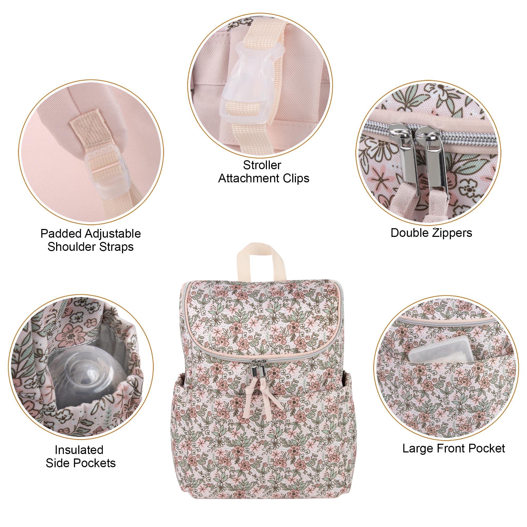 Baby Essentials polyester canvas diaper bag with standing feet to prevent tipping.