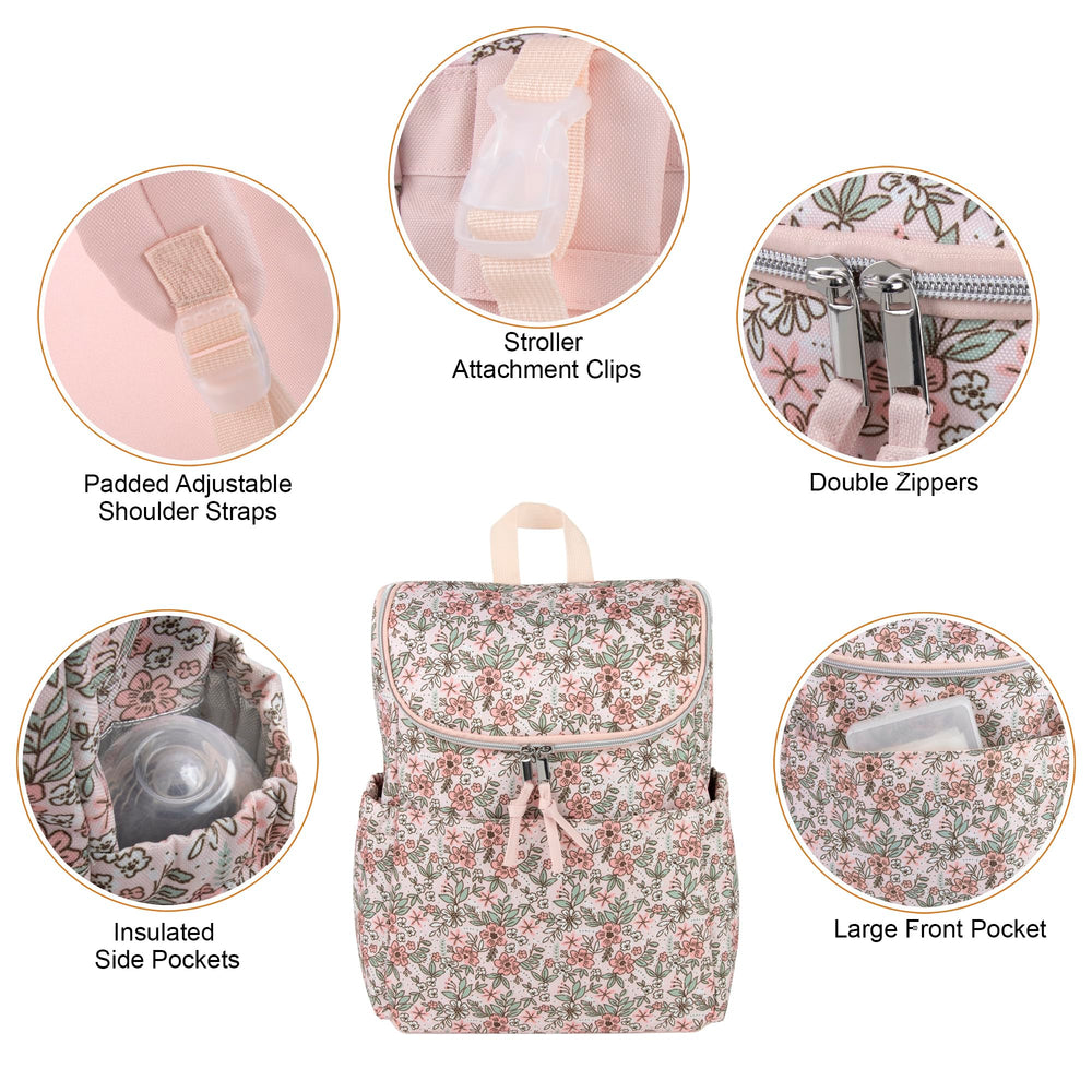 Baby Essentials polyester canvas diaper bag with standing feet to prevent tipping.