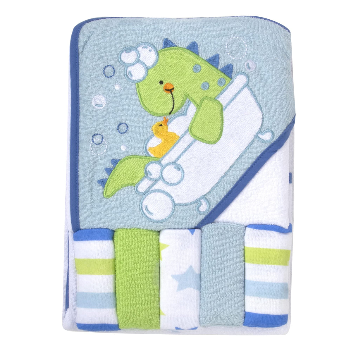 Baby Essentials Refreshed Rex hooded towel with dinosaur design for gentle moisture absorption after bath