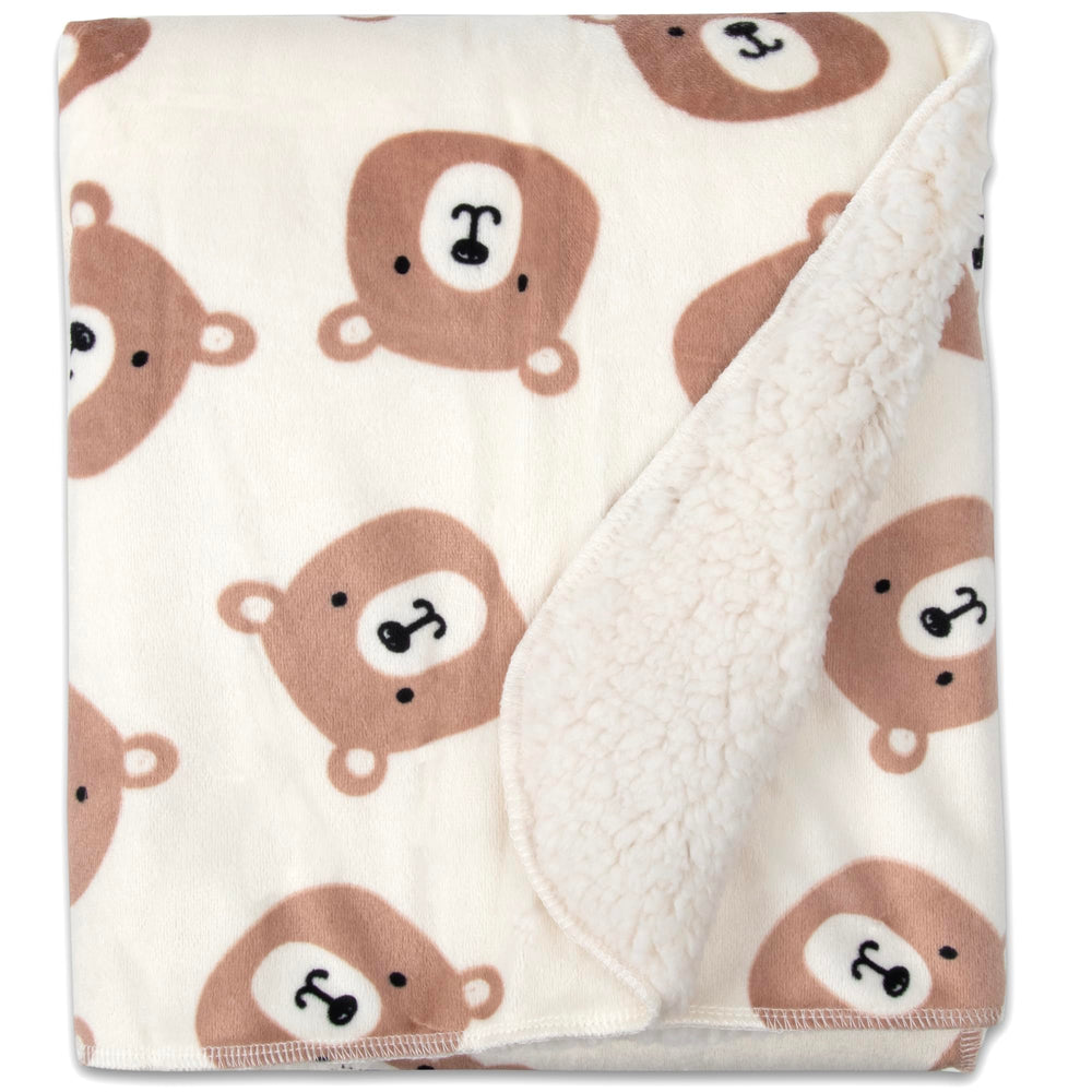 Baby Essentials Sherpa fleece blanket with brown bears design delivers cozy warmth for baby.