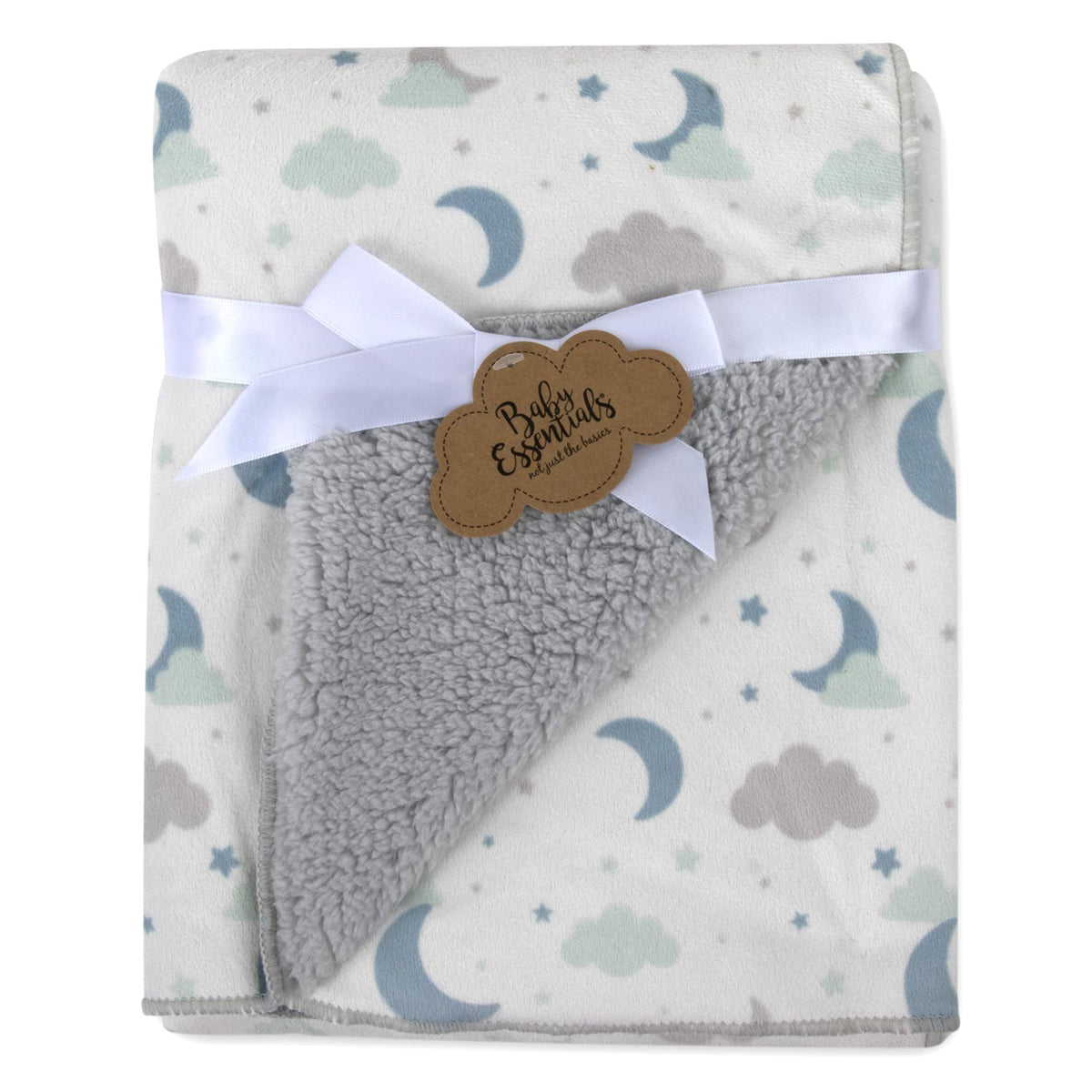 Baby Essentials sherpa fleece blanket Celestial stars moon design keeps baby cozy during naps.