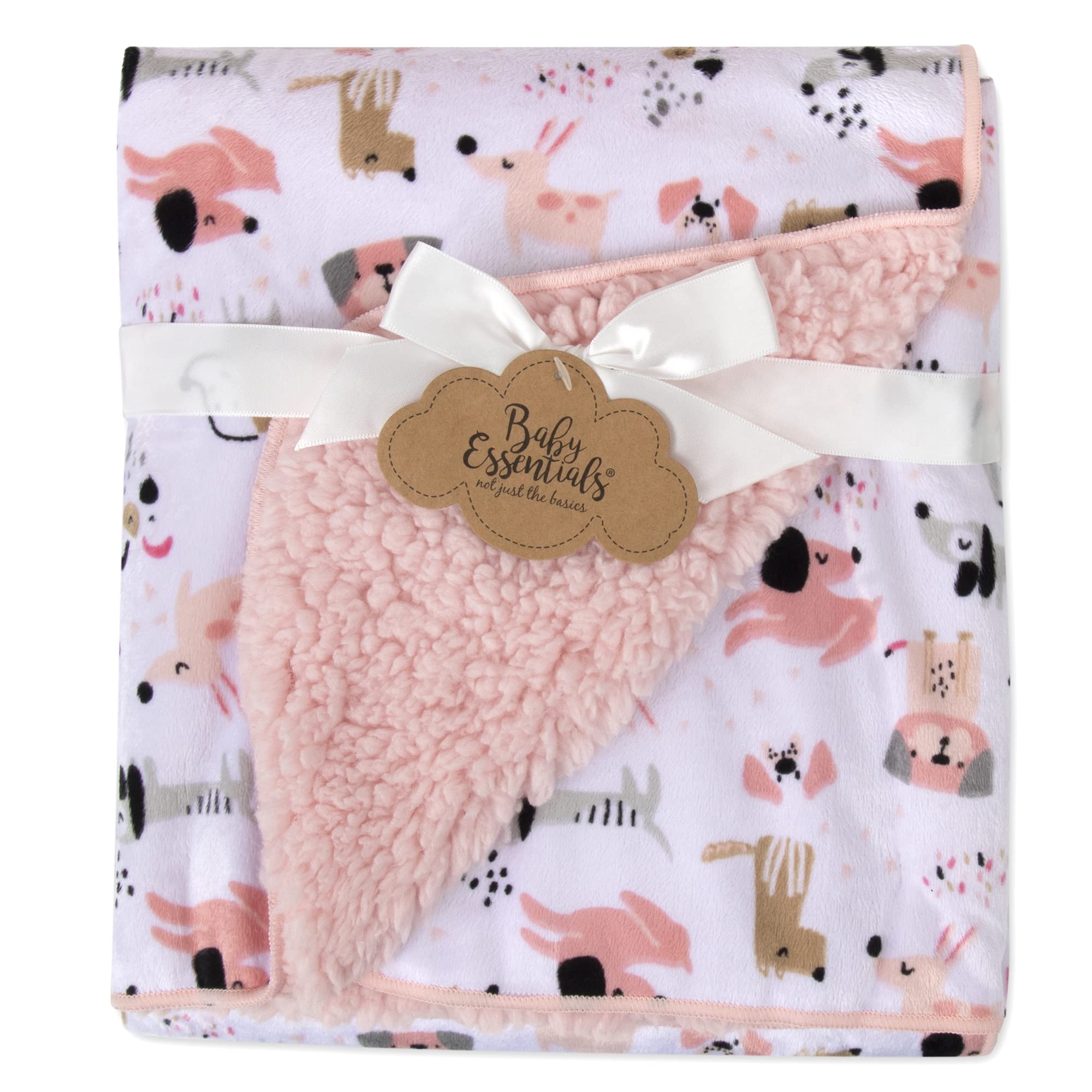 Baby Essentials Sherpa Fleece Puppy Pink front view blanket; cozy for baby.