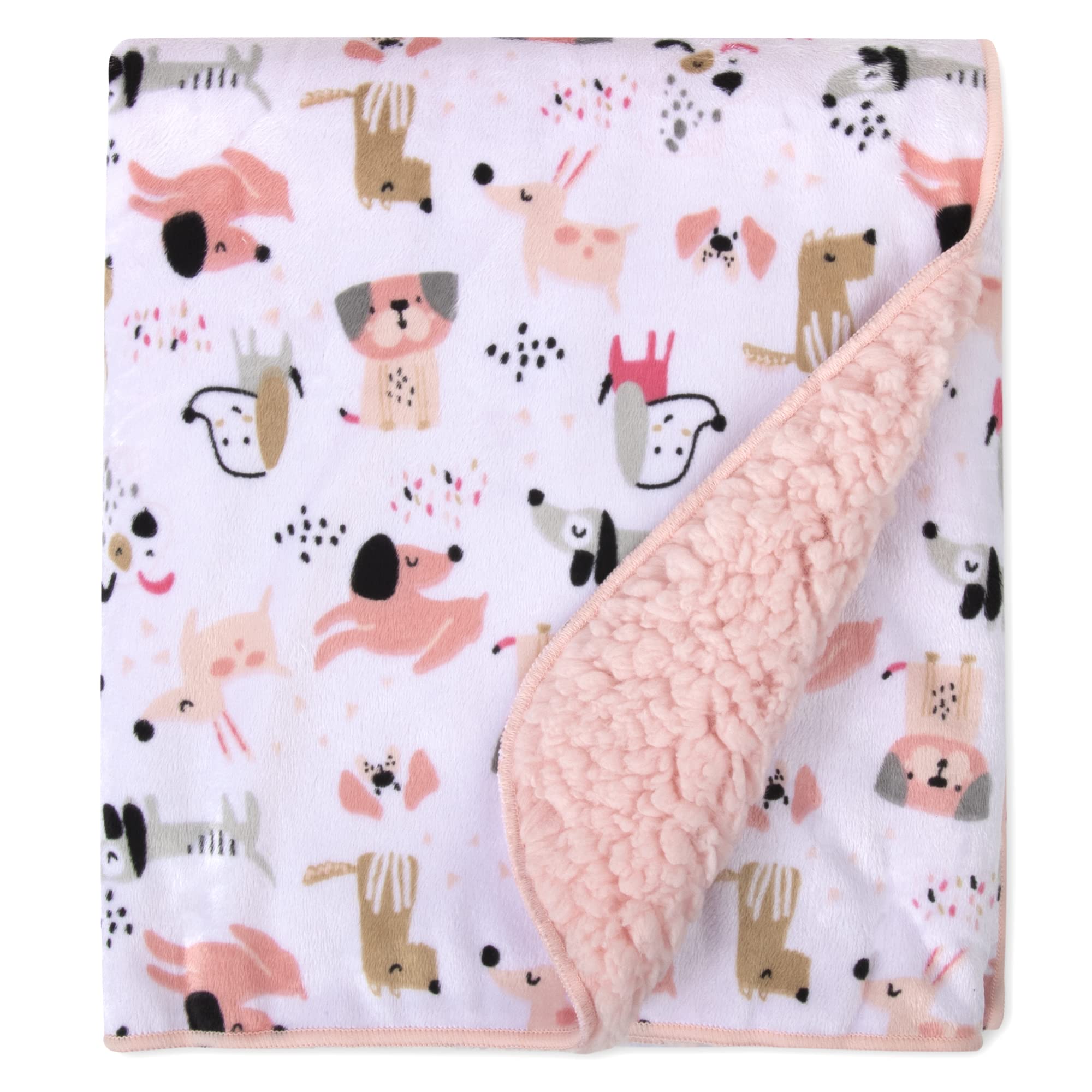 Baby Essentials Puppy Pink Sherpa blanket adds color and coziness to nursery.
