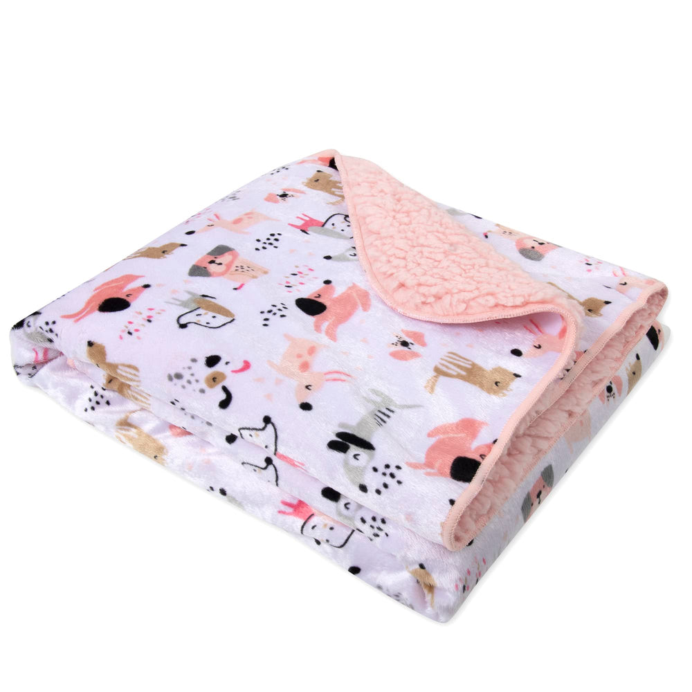 Baby Essentials Puppy Pink Sherpa blanket used in stroller for on-the-go comfort.