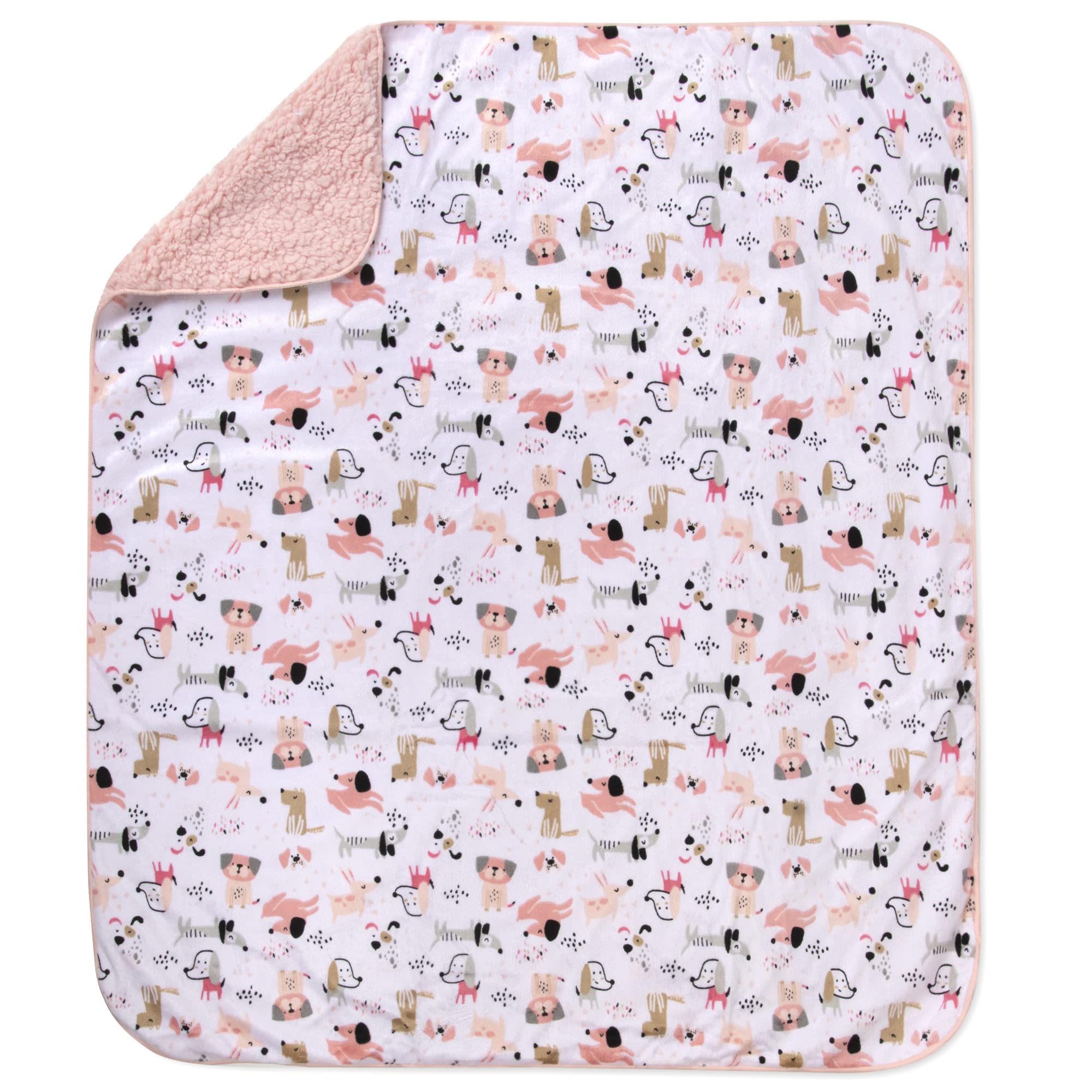Baby Essentials Puppy Pink sherpa blanket ideal for swaddling and travel.