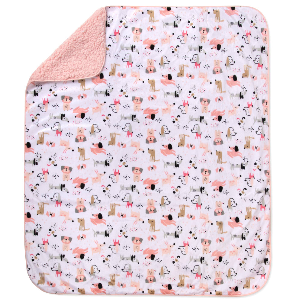 Baby Essentials Puppy Pink sherpa blanket ideal for swaddling and travel.