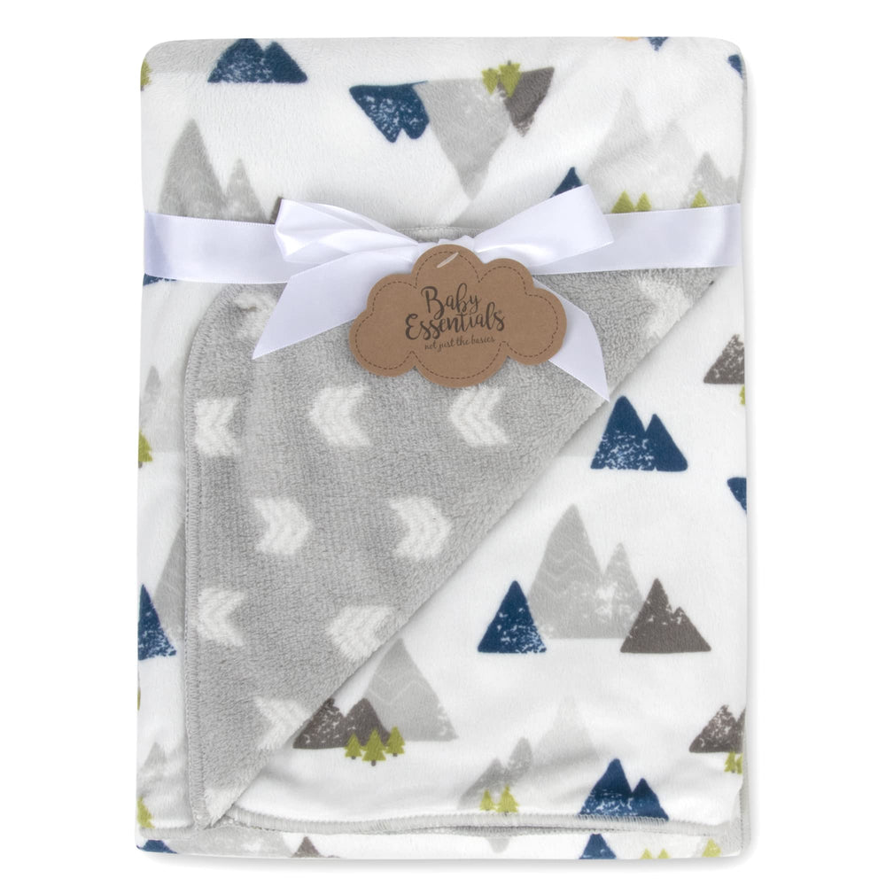 Baby Essentials Sherpa Mountains blanket front view for nursery sleep