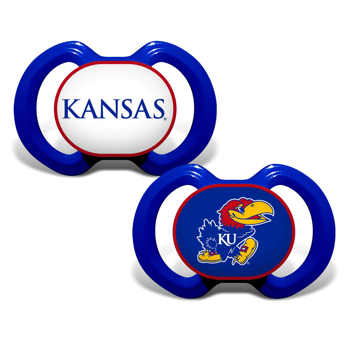 Baby Fanatic Kansas Jayhawks pacifier 2-pack with logo on button for team pride.