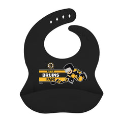 Baby Fanatic Boston Bruins silicone bib with logo and mini player for mess-free meals.