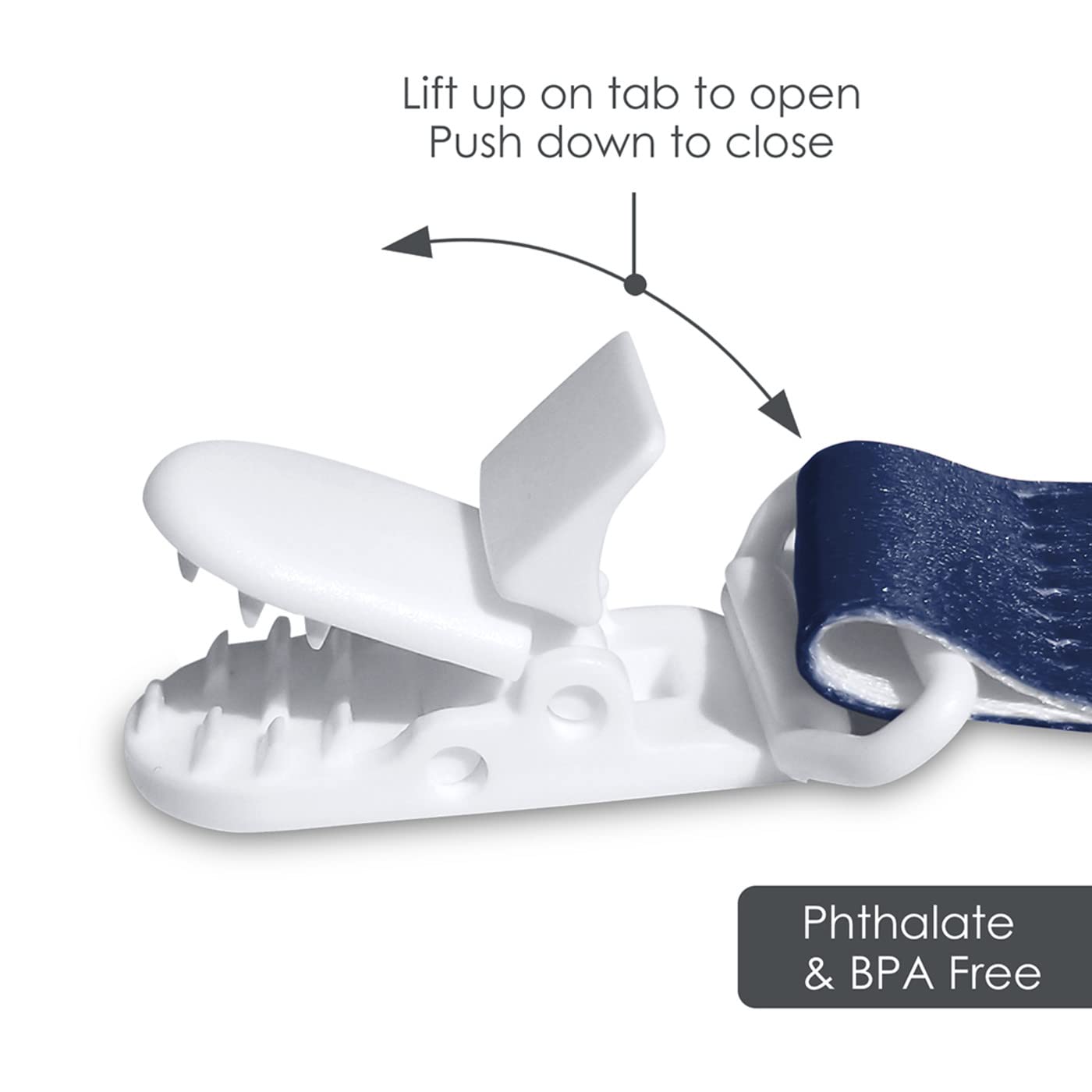 Baby Fanatic Dallas Cowboys pacifier clip clip-detail highlights the durable plastic clip and long attachment string.