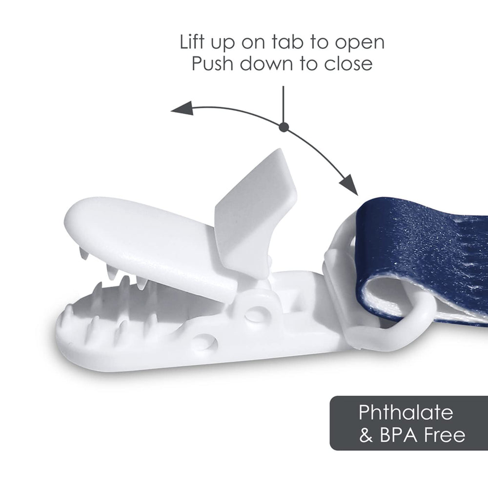 Baby Fanatic Dallas Cowboys pacifier clip clip-detail highlights the durable plastic clip and long attachment string.