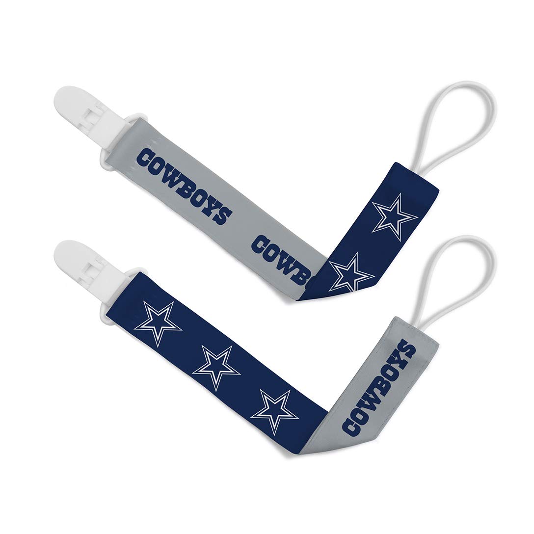 Baby Fanatic Dallas Cowboys pacifier clip front view shows secure grip and team-colored design.