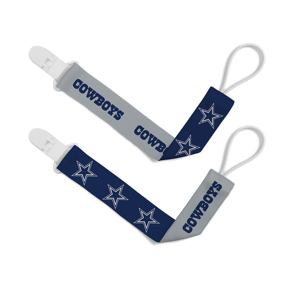 Baby Fanatic Dallas Cowboys pacifier clip front view shows secure grip and team-colored design.
