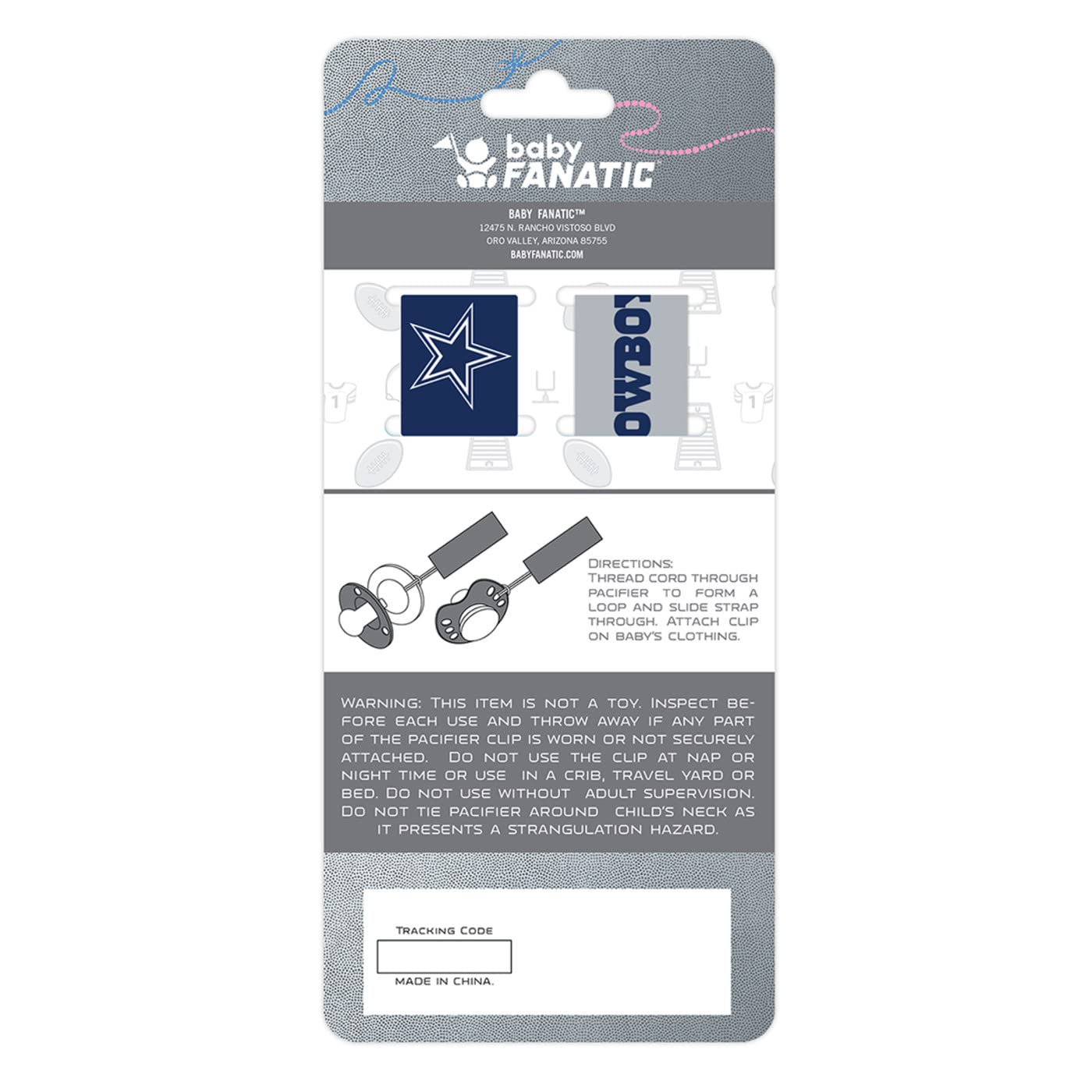 Baby Fanatic Dallas Cowboys pacifier clip logo closeup showcases vibrant team logo and precise stitching.