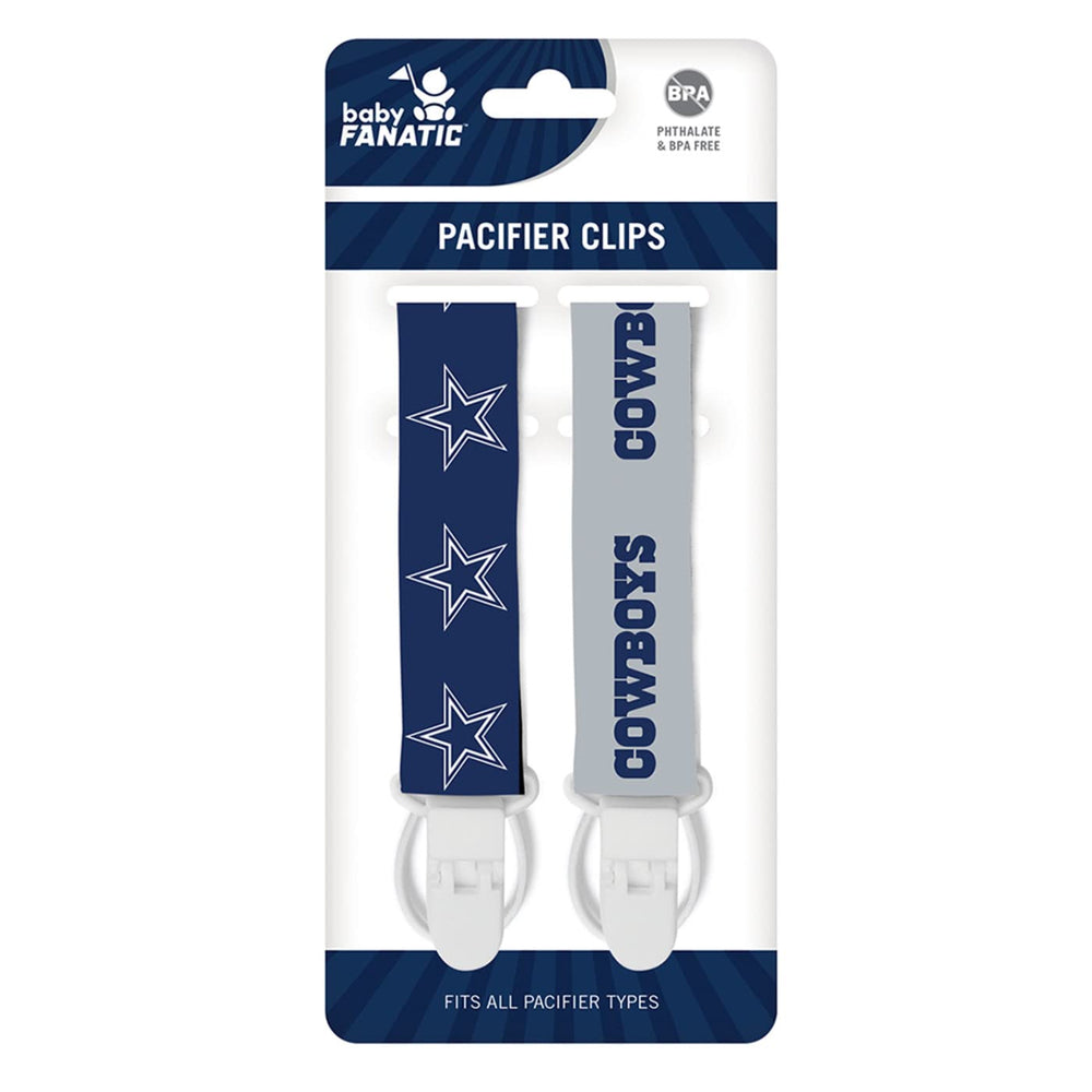 Baby Fanatic Dallas Cowboys pacifier clip side view highlights the durable clip and secure attachment.