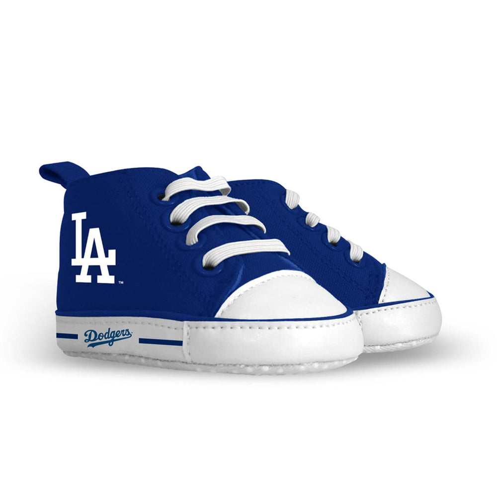 Baby Fanatic Dodgers prewalkers side profile show soft fabric upper and gripper soles for stability