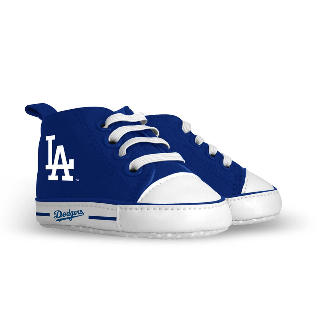 Baby Fanatic Dodgers prewalkers side profile show soft fabric upper and gripper soles for stability