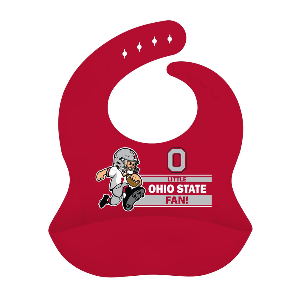 Baby Fanatic Ohio State silicone bib main view highlights adjustable neck and crumb-catching pocket for mess-free meals.