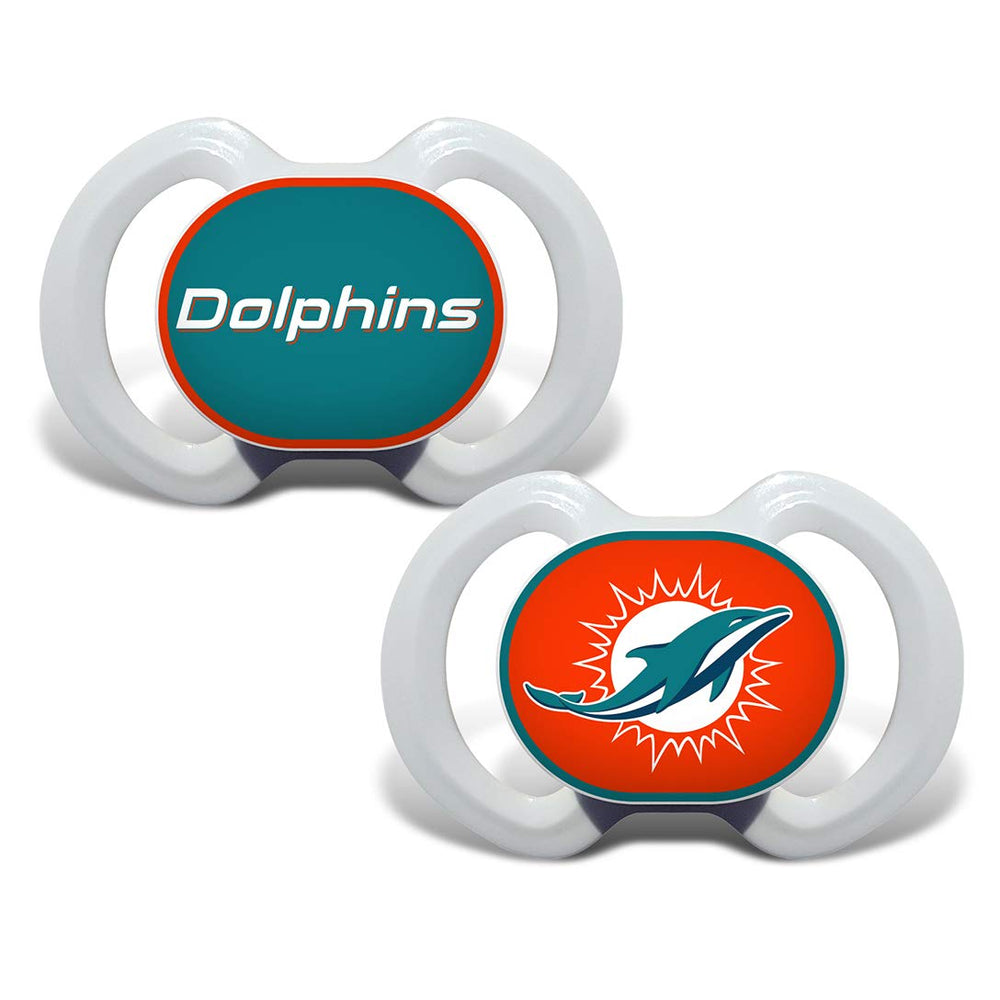 Baby Fanatic pacifier 2-pack Miami Dolphins button shows team colors for little fans.