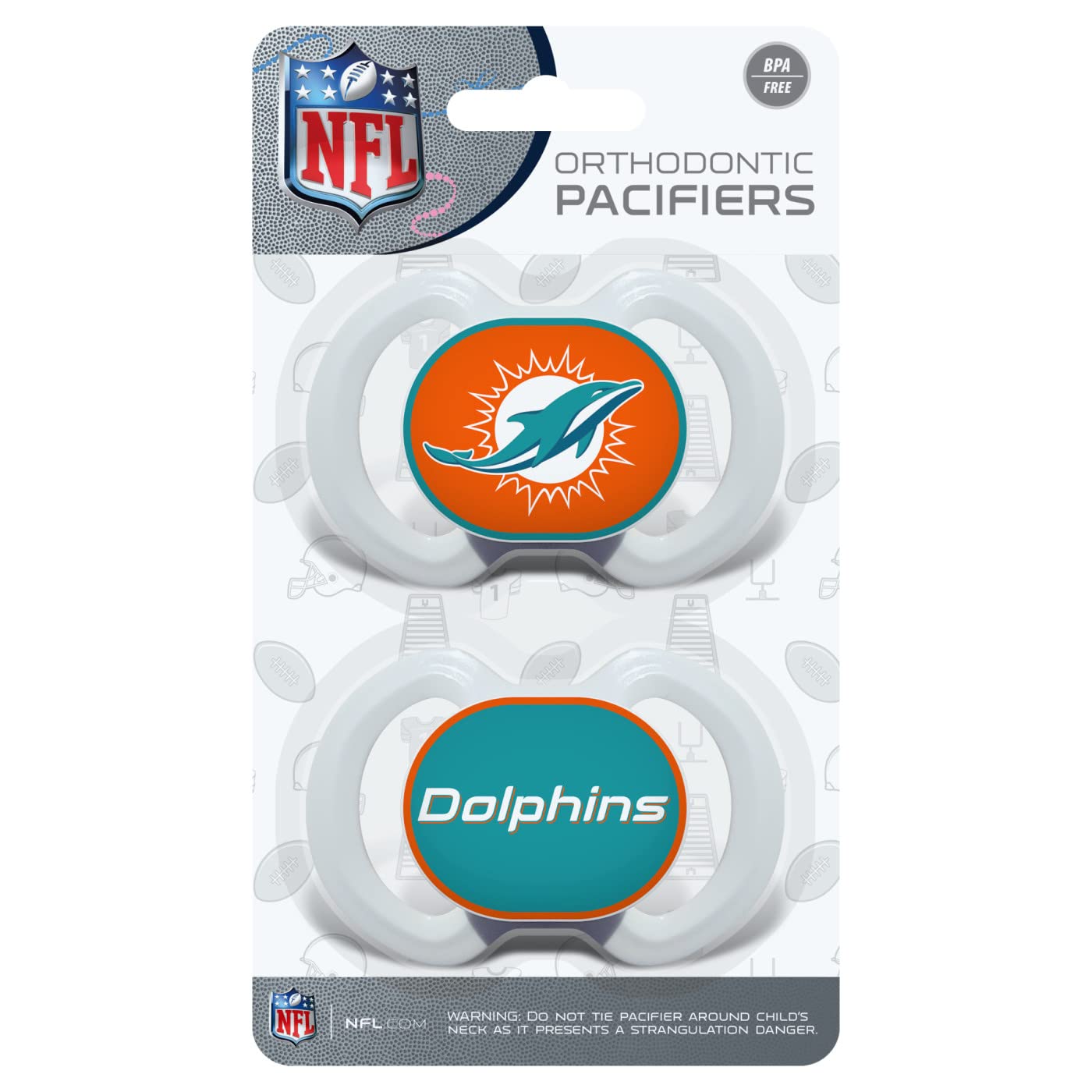 Baby Fanatic pacifier 2-pack Miami Dolphins shield with logo for brand-friendly soothing moments.