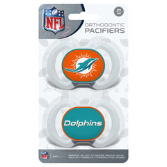 Baby Fanatic pacifier 2-pack Miami Dolphins shield with logo for brand-friendly soothing moments.