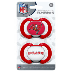Baby Fanatic pacifier 2-pack displays Buccaneers shield in team colors.