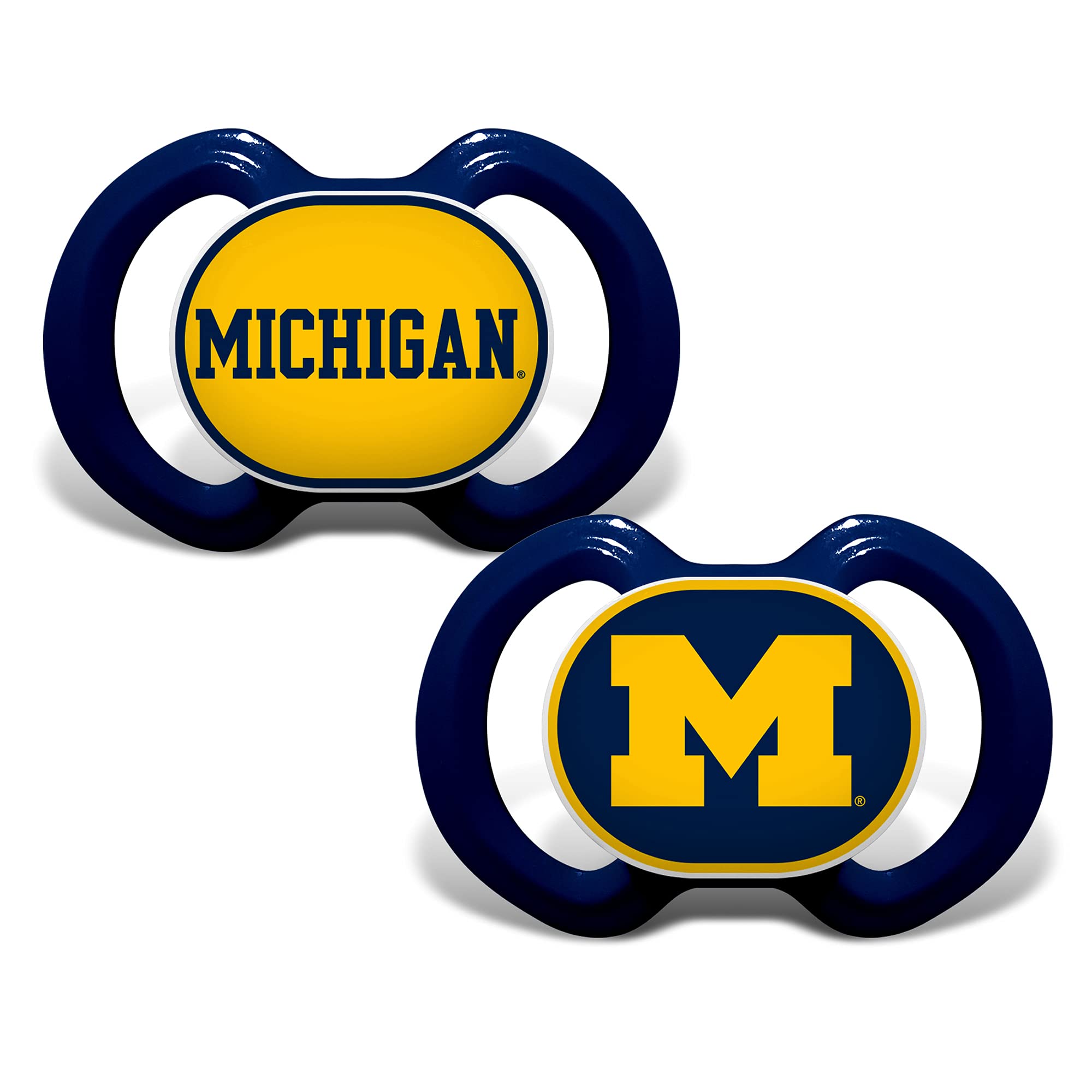 Baby Fanatic Michigan Wolverines pacifier button logo boosts game-day team pride.
