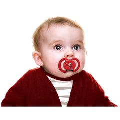 Baby Fanatic pacifier closeup highlights orthodontic nipple design for gentle soothing.