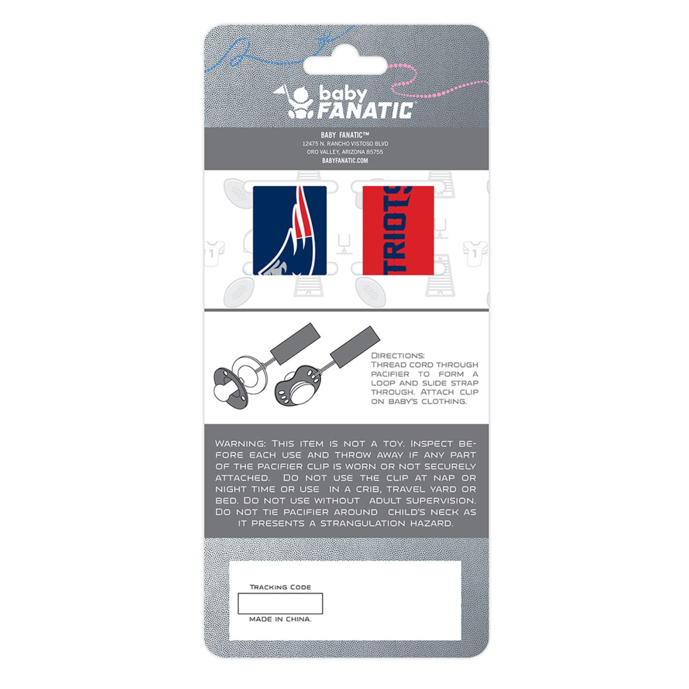 Baby Fanatic Patriots pacifier clip embroidered felt detail adds tactile charm.