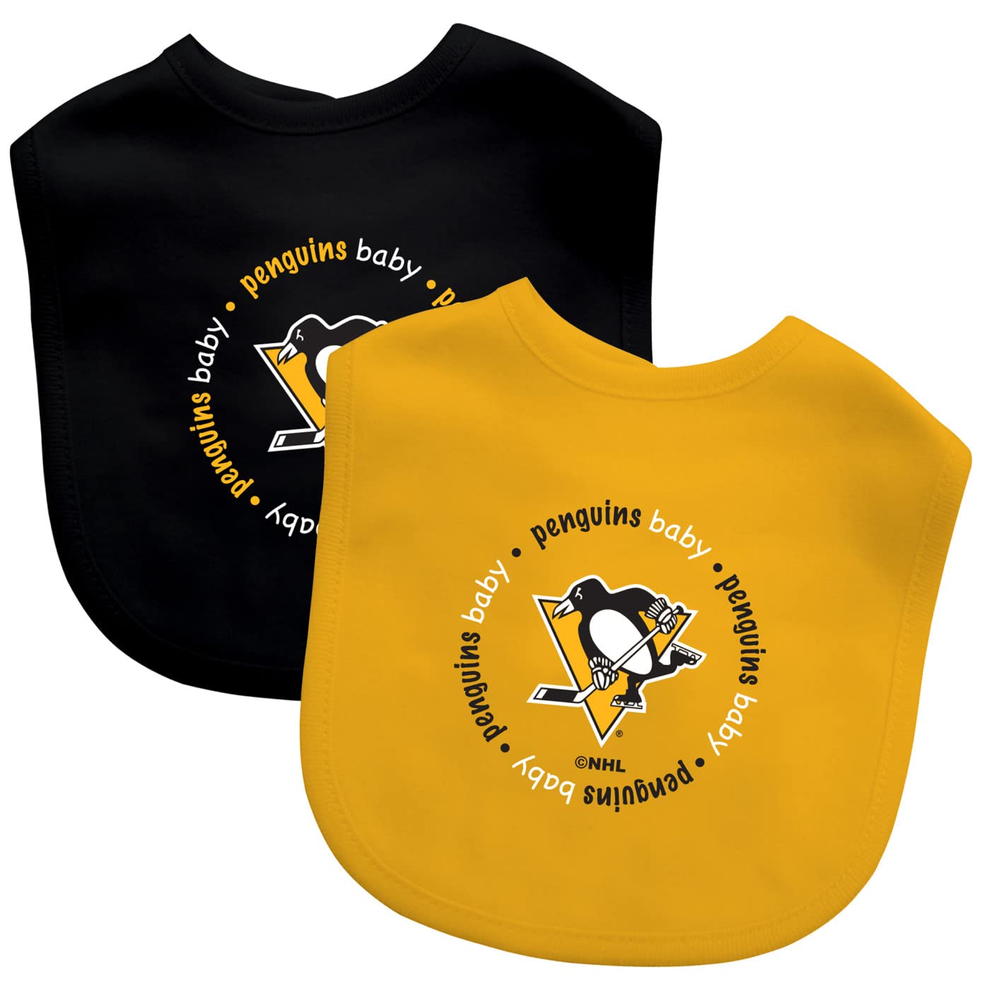 Baby Fanatic Penguins bib front with embroidered logo for spill protection.