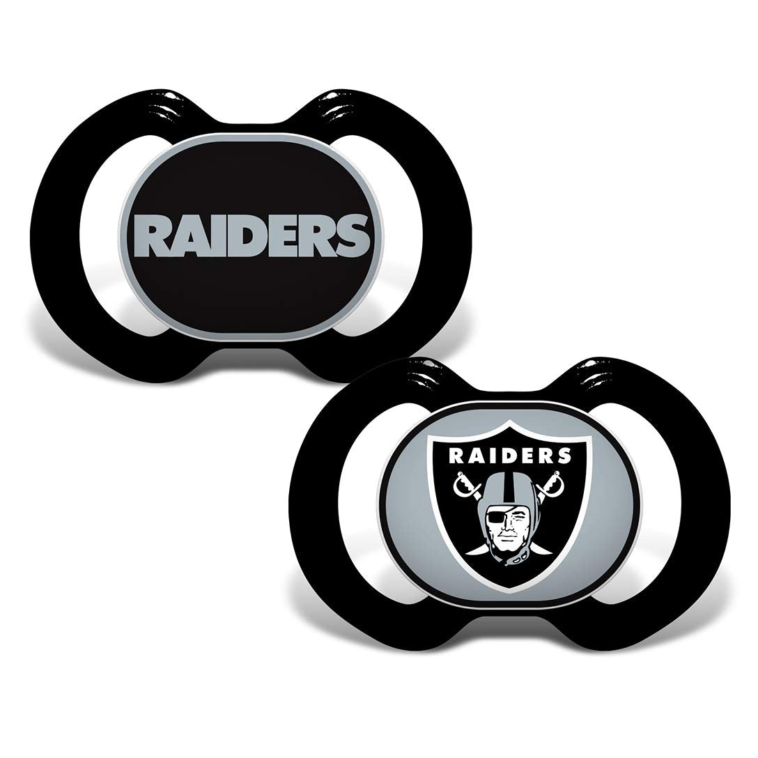 Baby Fanatic Raiders pacifier button logo aids soothing while showing team pride.