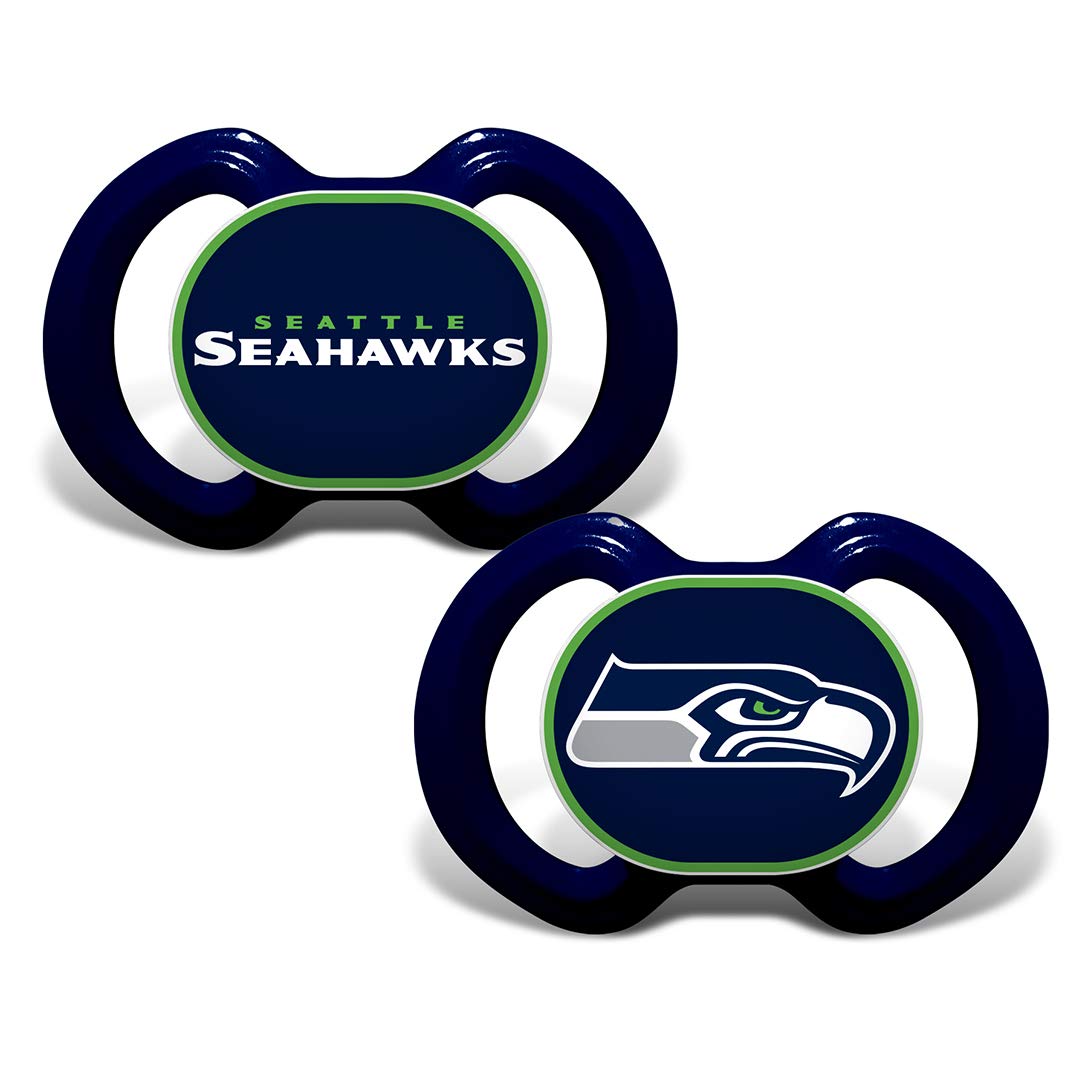 Baby Fanatic Seattle Seahawks pacifier button logo in NFL branding for fans.