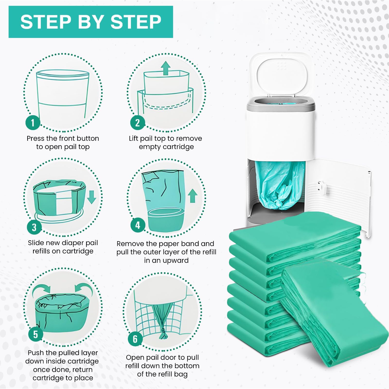 Baby Fresh Dekor Classic refill bags open-pack view highlights easy refill and waste reduction