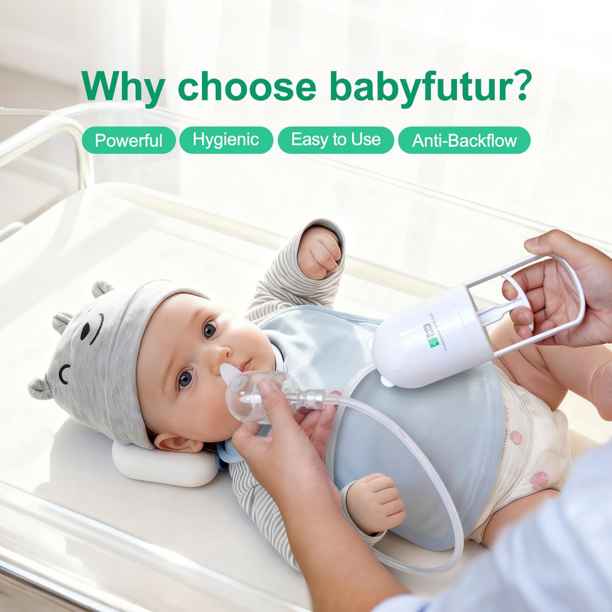 Baby Futur nasal aspirator disassemblable for thorough cleaning and hygiene.