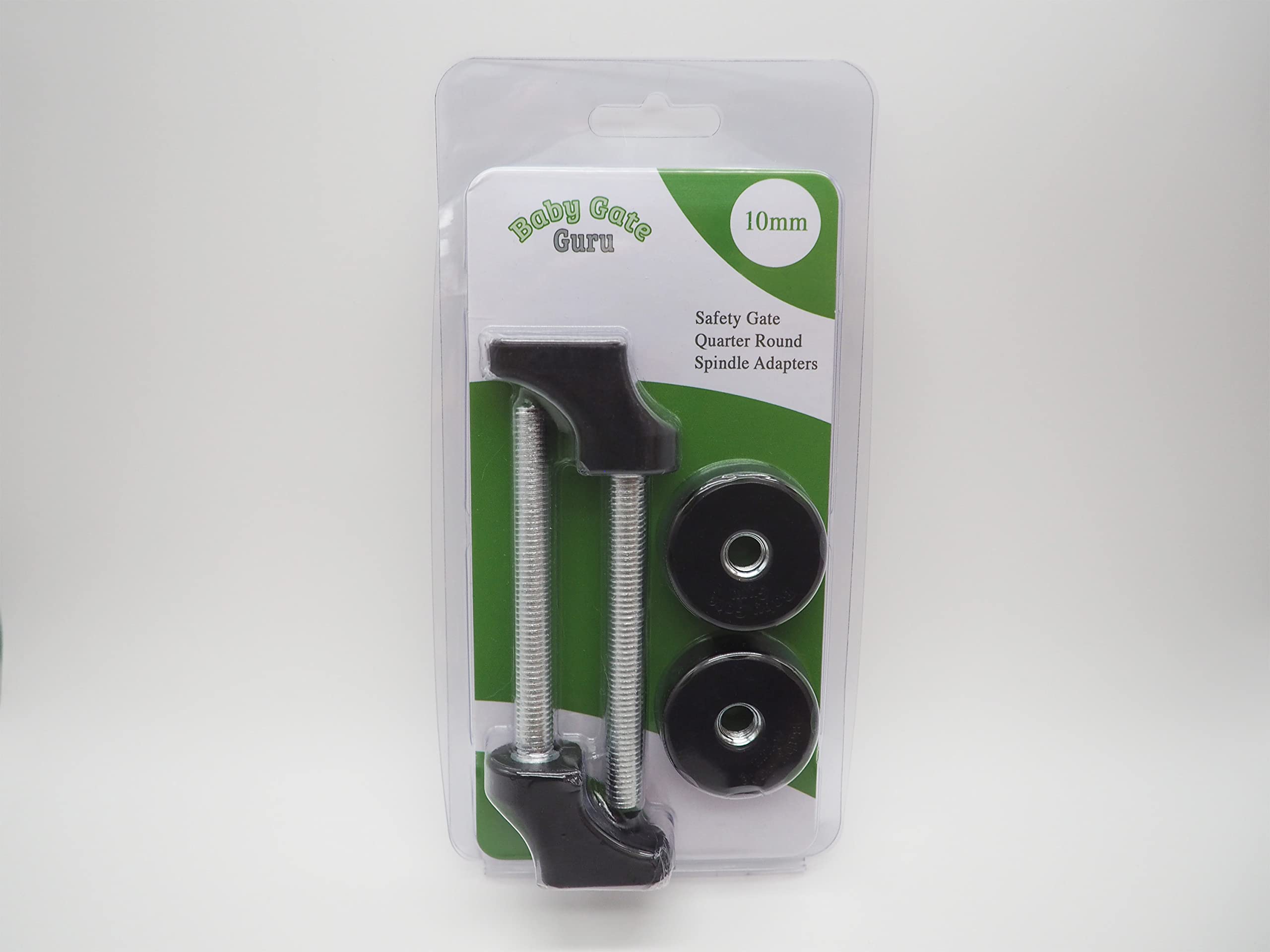 Baby Gate Guru M10 adapter in use with a pressure gate enabling secure setup.