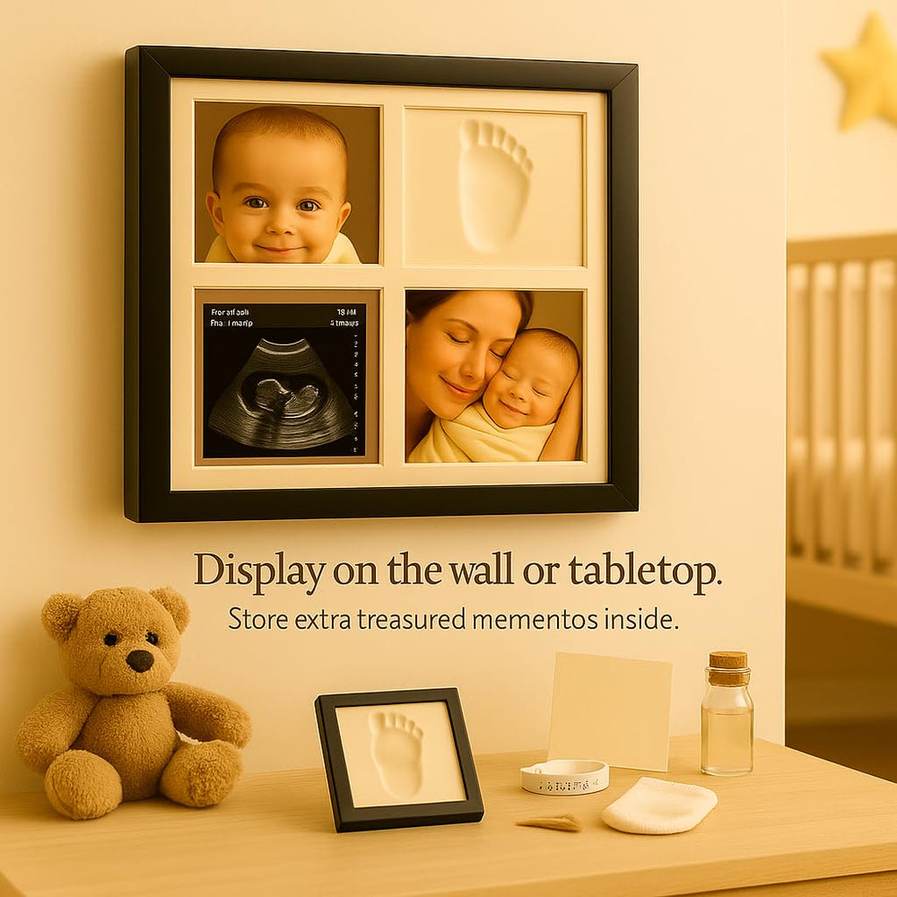 Baby Handprint Footprint Kit 4-grid frame showcases a photo and two keepsake slots