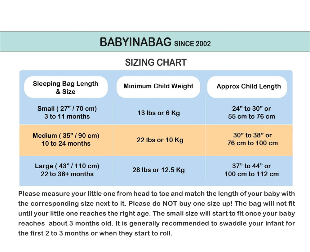 Baby in a Bag sizing guide visual for 3-11 month fit improves selection.