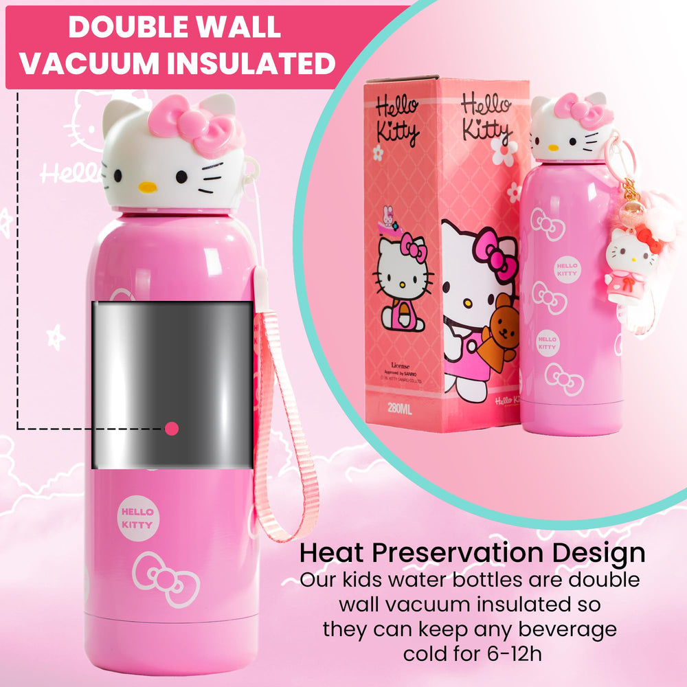 Baby In Love Basket Hello Kitty bottle with animated design and fluffy keychain on pink background.