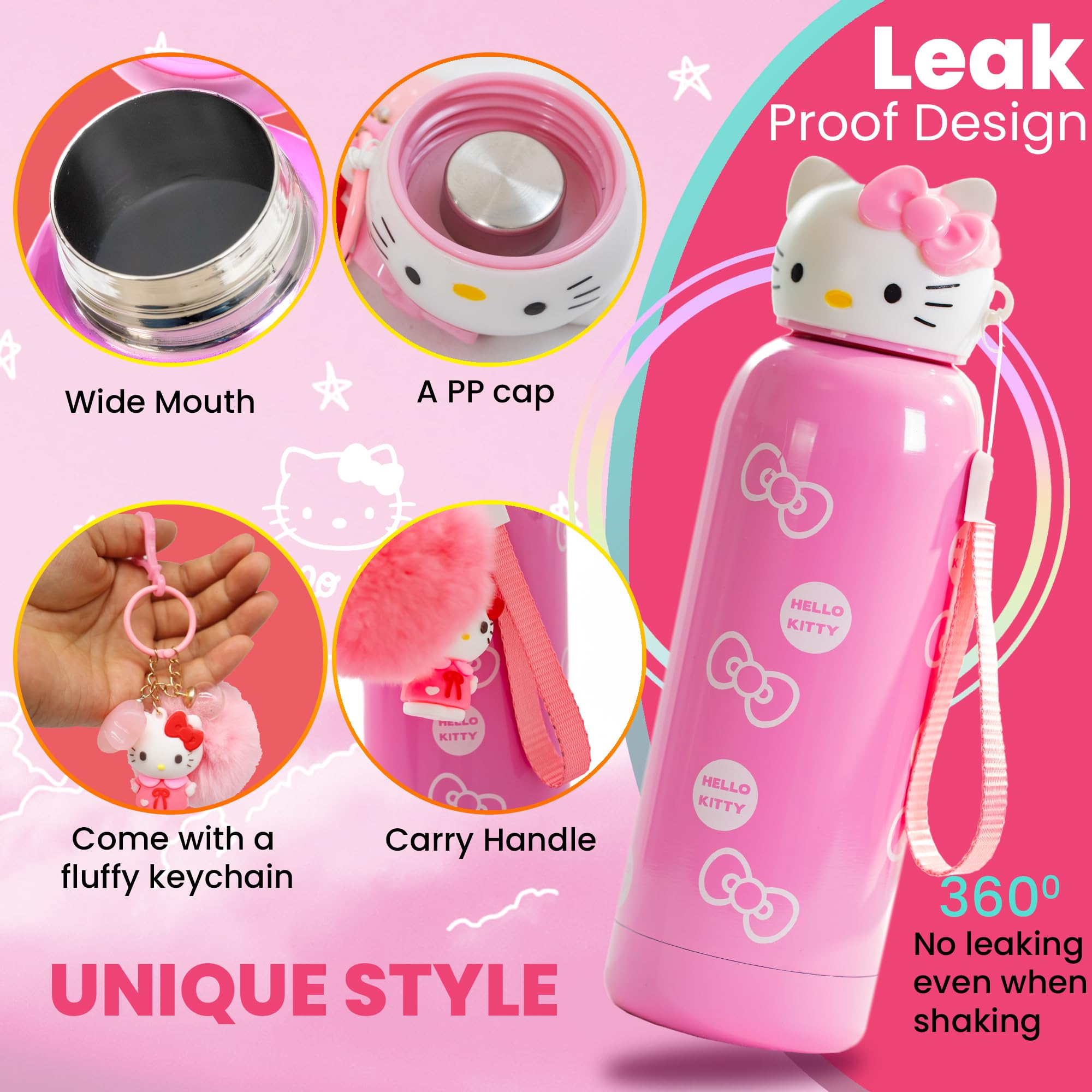 Baby In Love Basket Hello Kitty water bottle with Sanrio keychain shown in cute accessory setup.