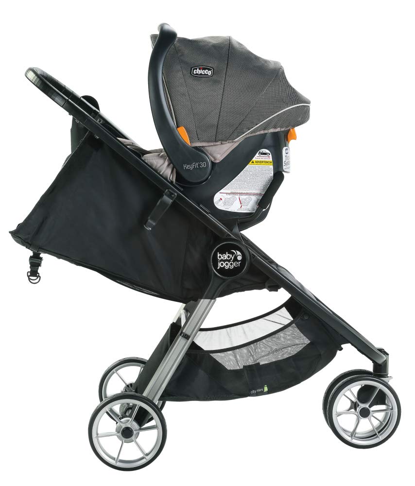 Baby Jogger adapters close-up shows secure attachment with Chicco/Peg Perego seats.