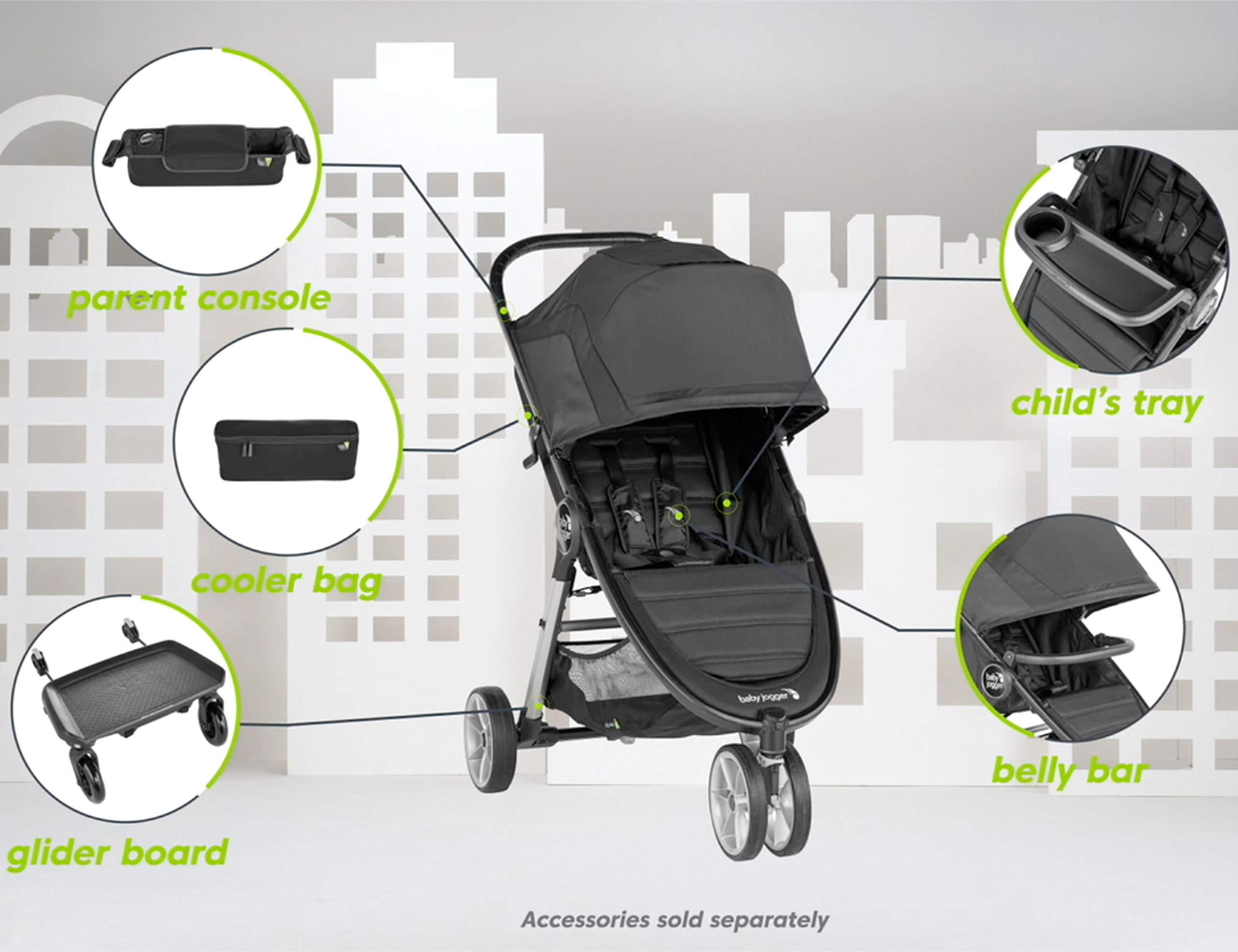 Baby Jogger Belly Bar black on City Mini platforms supports growing kids safely.