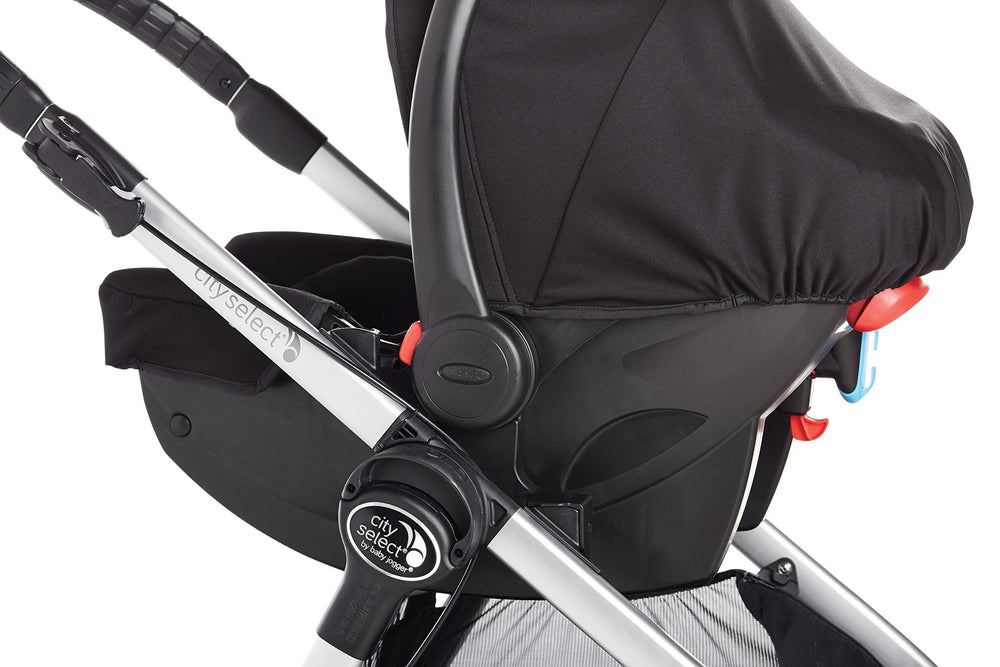 Baby Jogger car seat adapter on City Select LUX shows easy installation and removal.