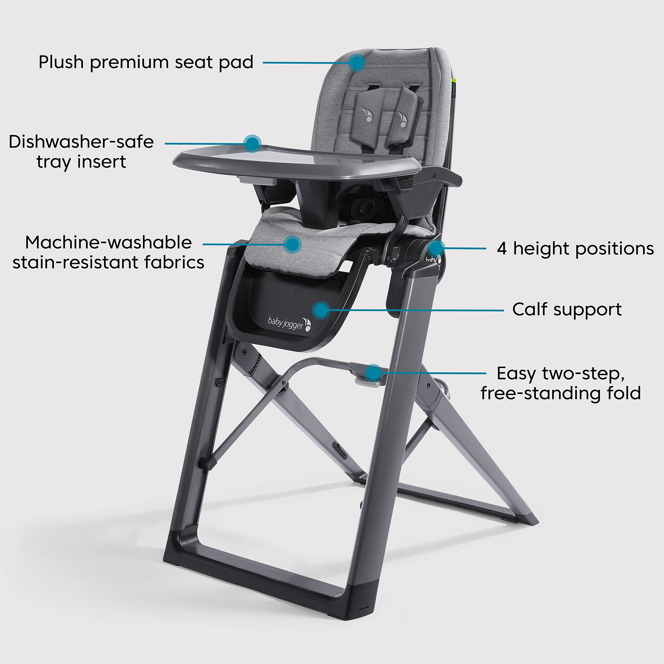 Baby Jogger City Bistro High Chair calf support for comfortable seating.