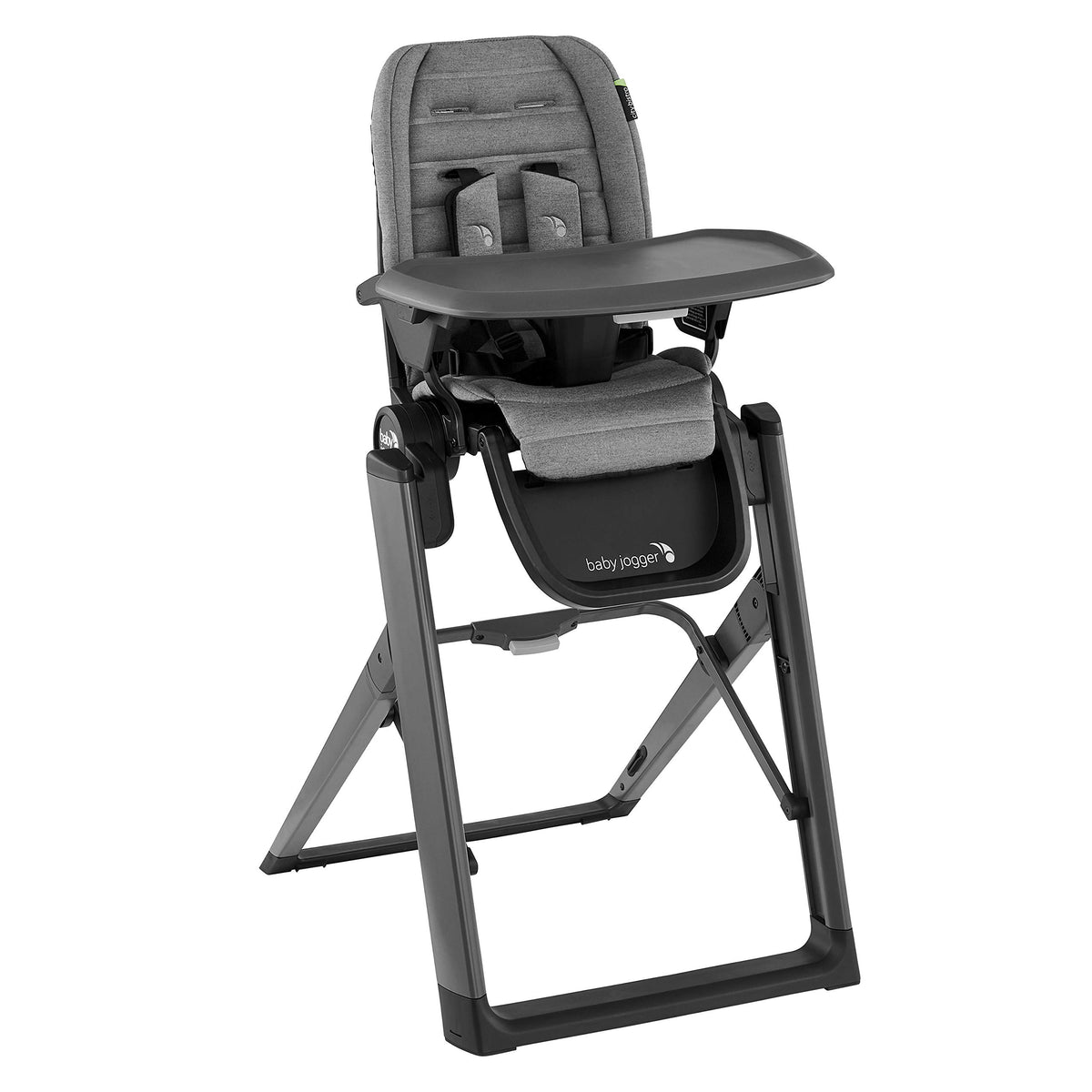 Baby Jogger City Bistro High Chair folded 80% smaller for compact storage.