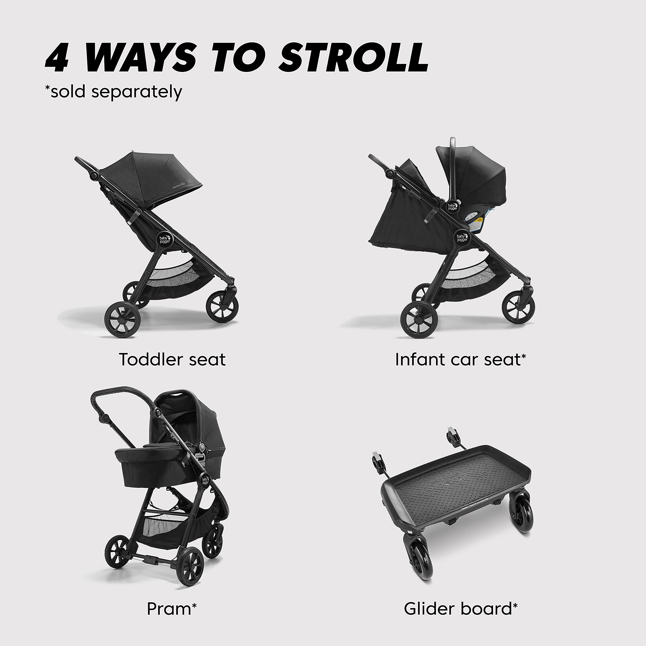 Baby Jogger City Mini GT2 travel-system ready with compatible infant car seats.