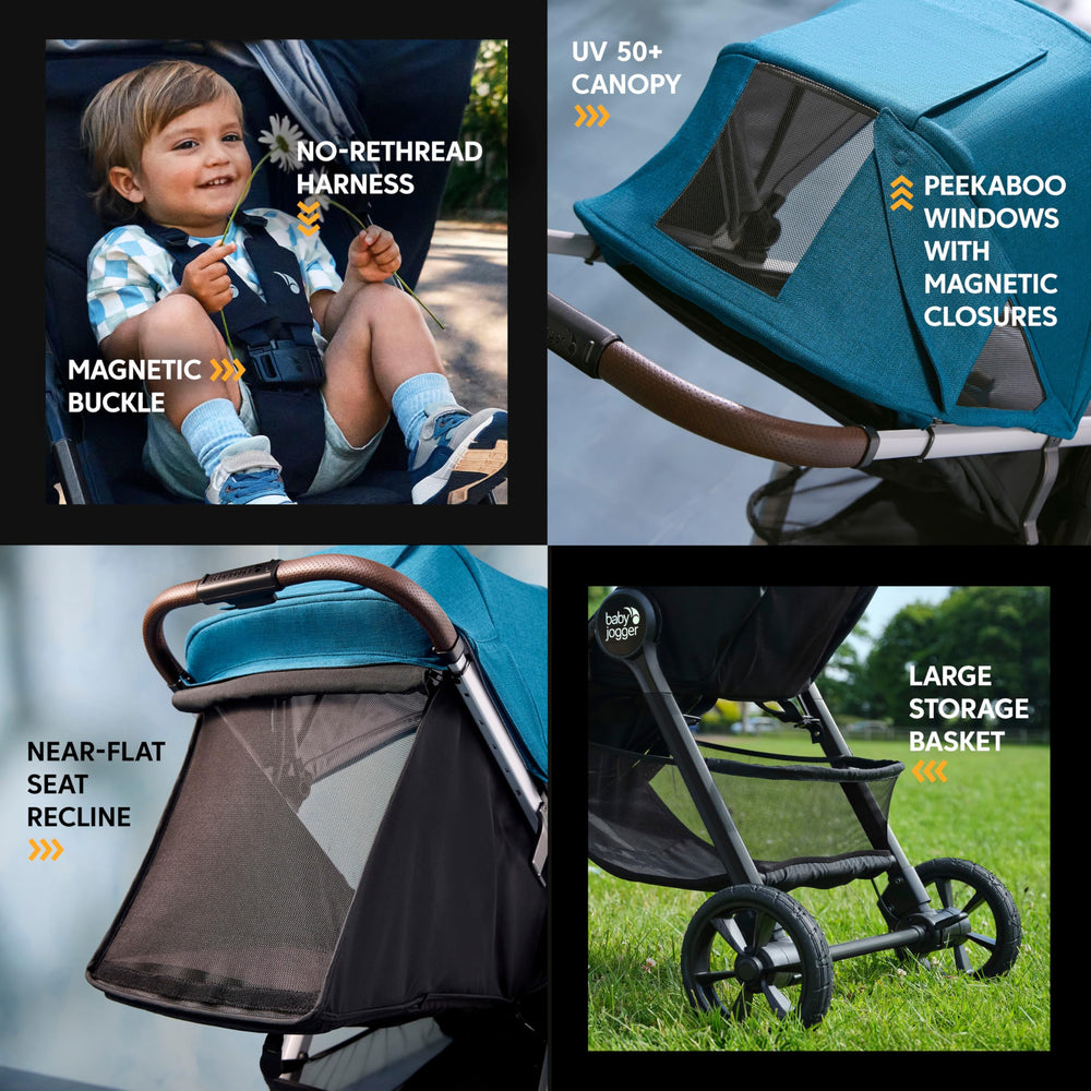 Baby Jogger City Mini GT3 no-rethread harness allows quick height changes for growing child.