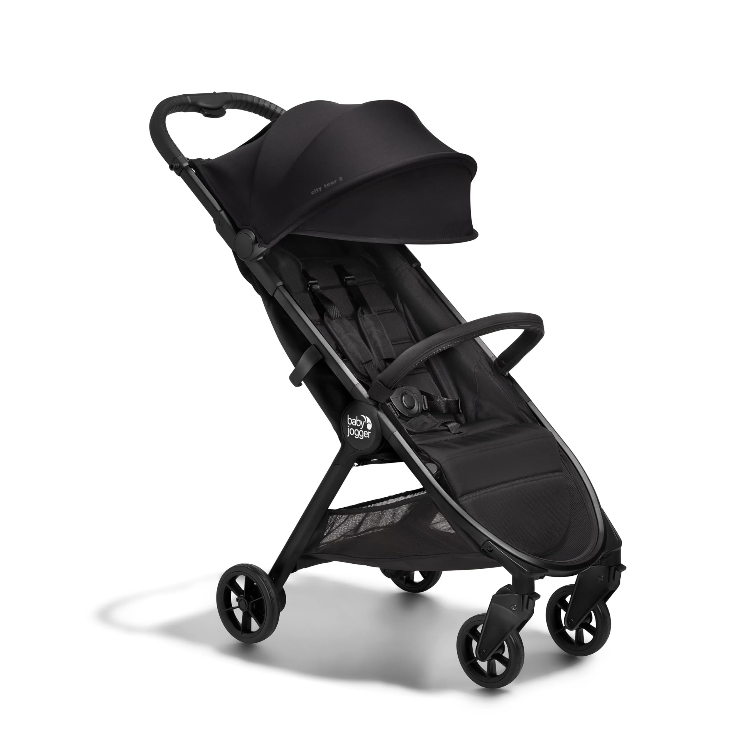 Baby Jogger City Tour 2 Eco Black folded for compact travel and easy storage.