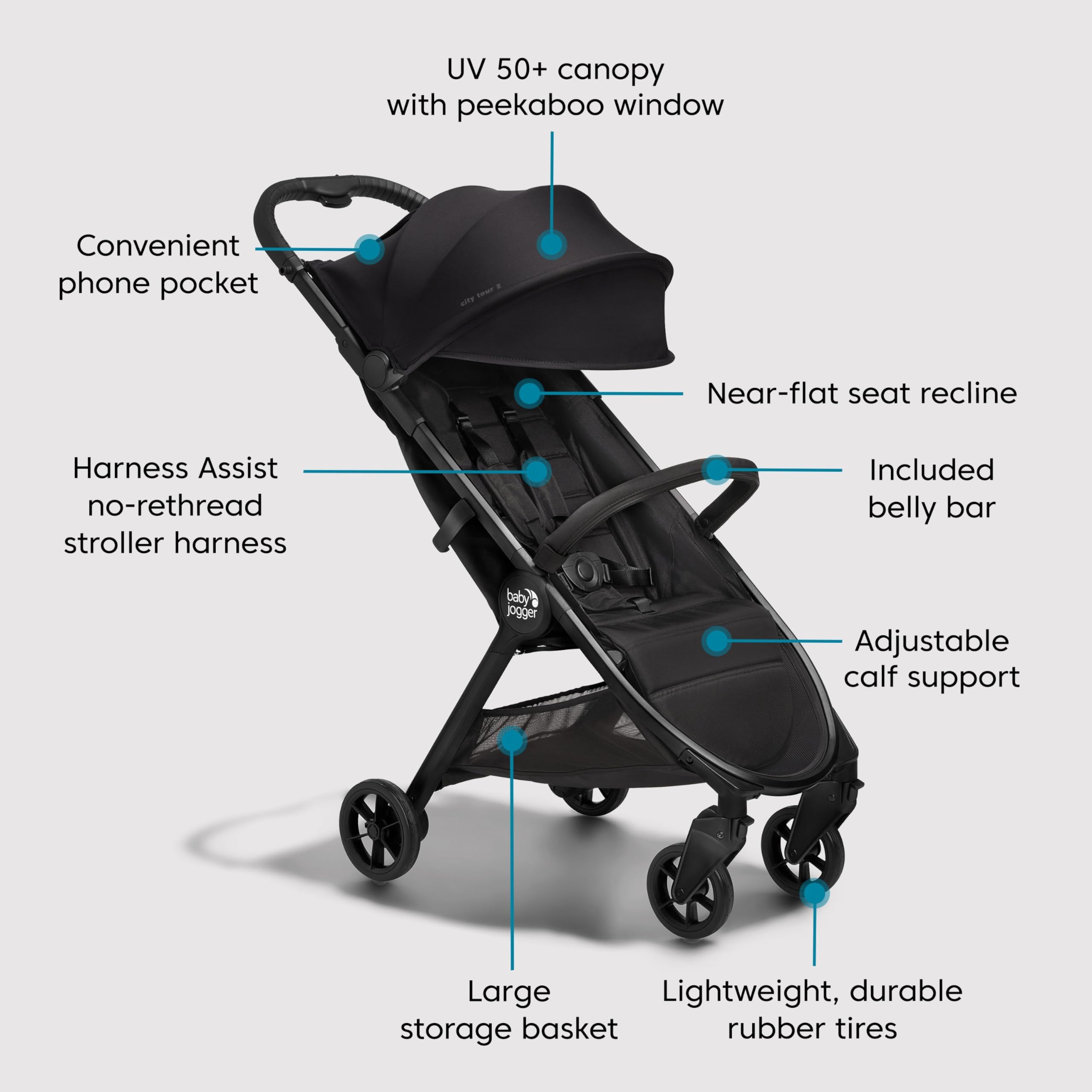 Baby Jogger City Tour 2 Eco Black magnetic peekaboo window for baby visibility.