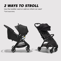 Baby Jogger City Tour 2 Eco Black travel-ready system with compatible car seats.